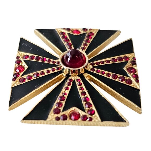 Maltese Cross Brooch Black Enamel, Red Rhinestone Pin Pendant - Picture 4 of 10